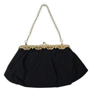 Vintage 1950s 1960s Black Kiss Lock Evening Bag Gold Frame Convertible Clutch